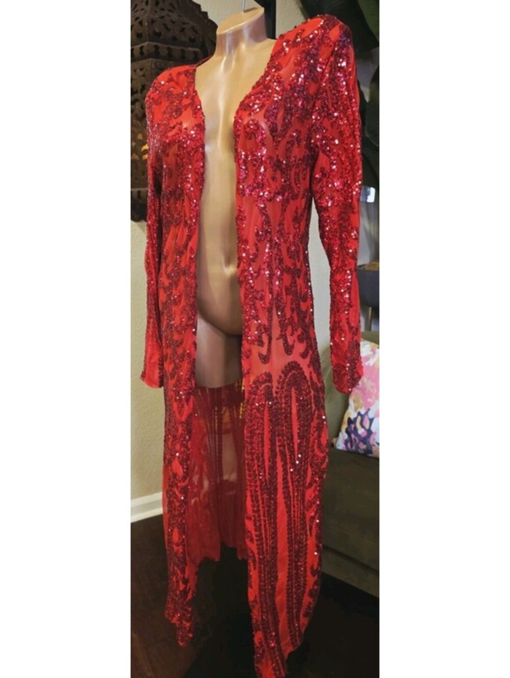 Southern Fried Chics The Royal Sequin Duster Red Mesh Kimono Jacket L134 M